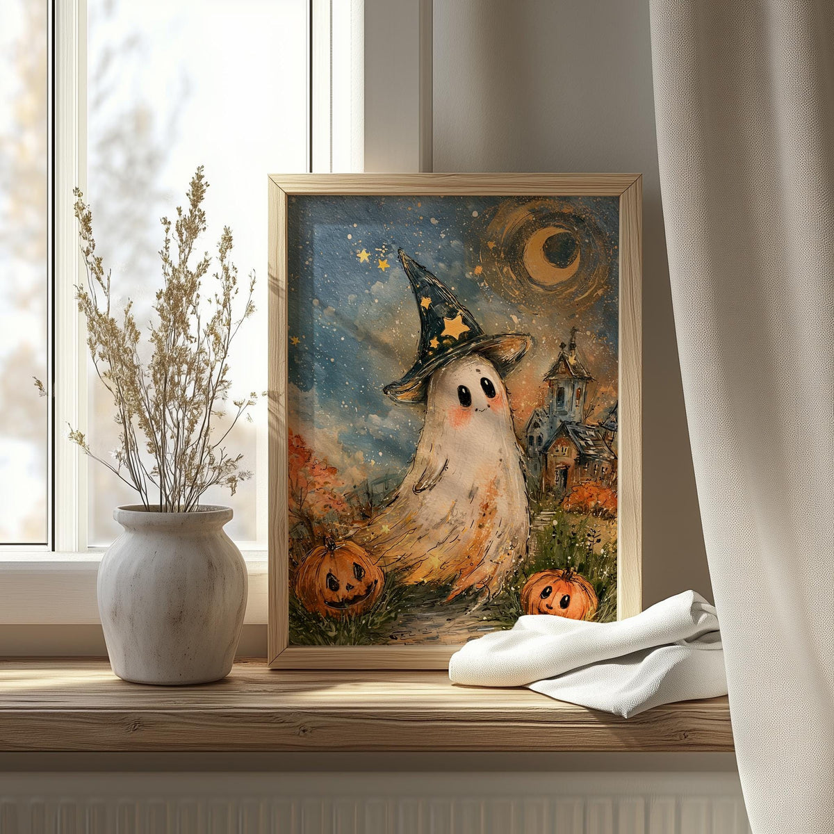 Starry Hat Ghost Halloween art print shown in a room setting