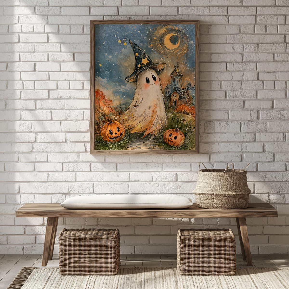 Starry Hat Ghost Halloween art print shown in a room setting