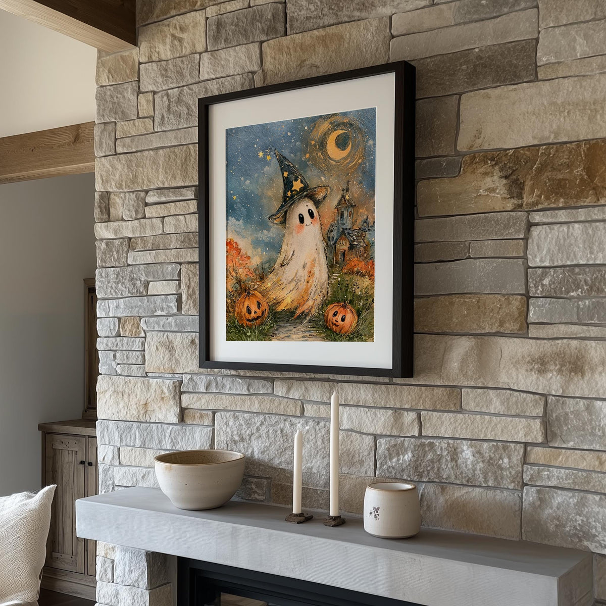 Starry Hat Ghost Halloween art print shown in a room setting