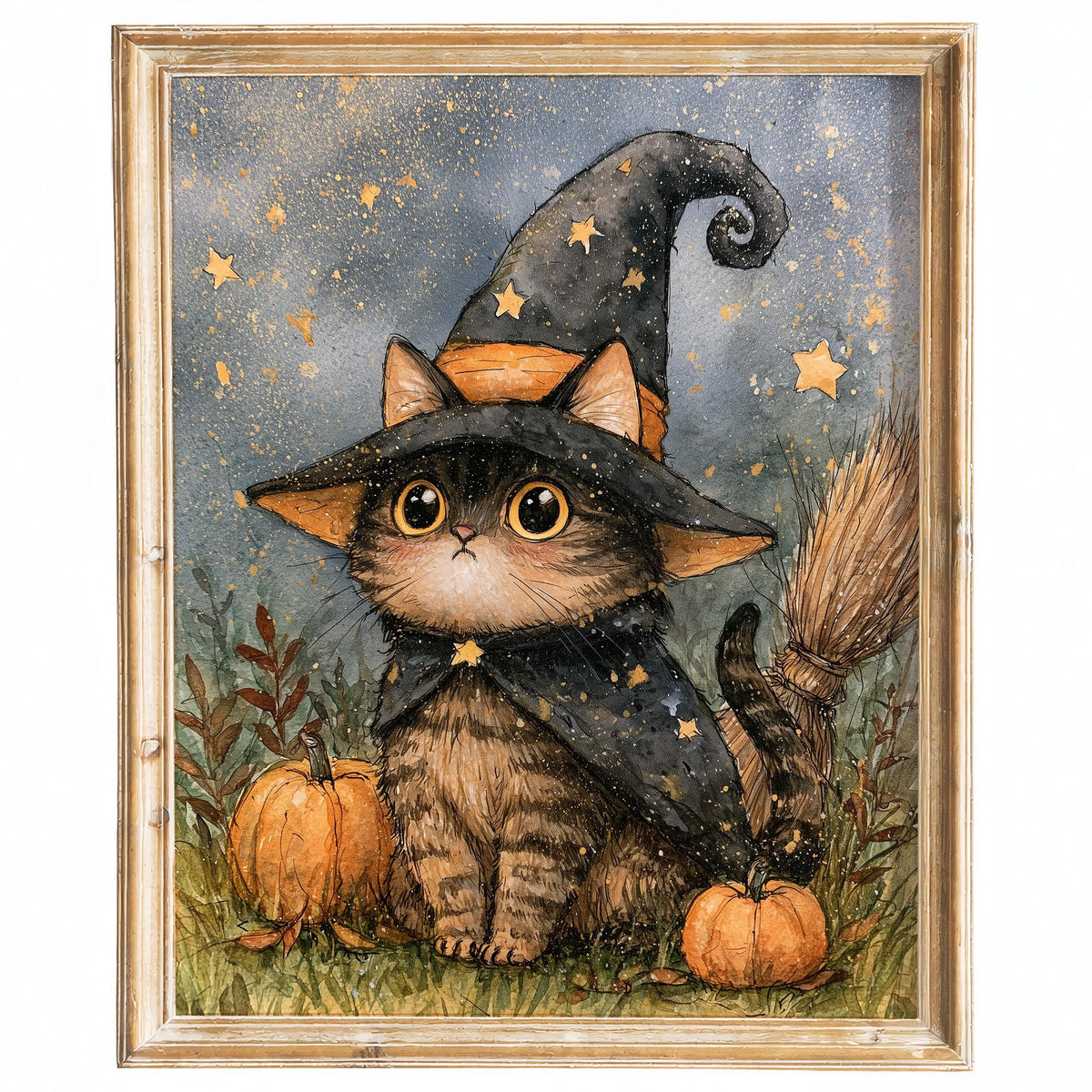 Tabby Kitten Witch Halloween art print framed