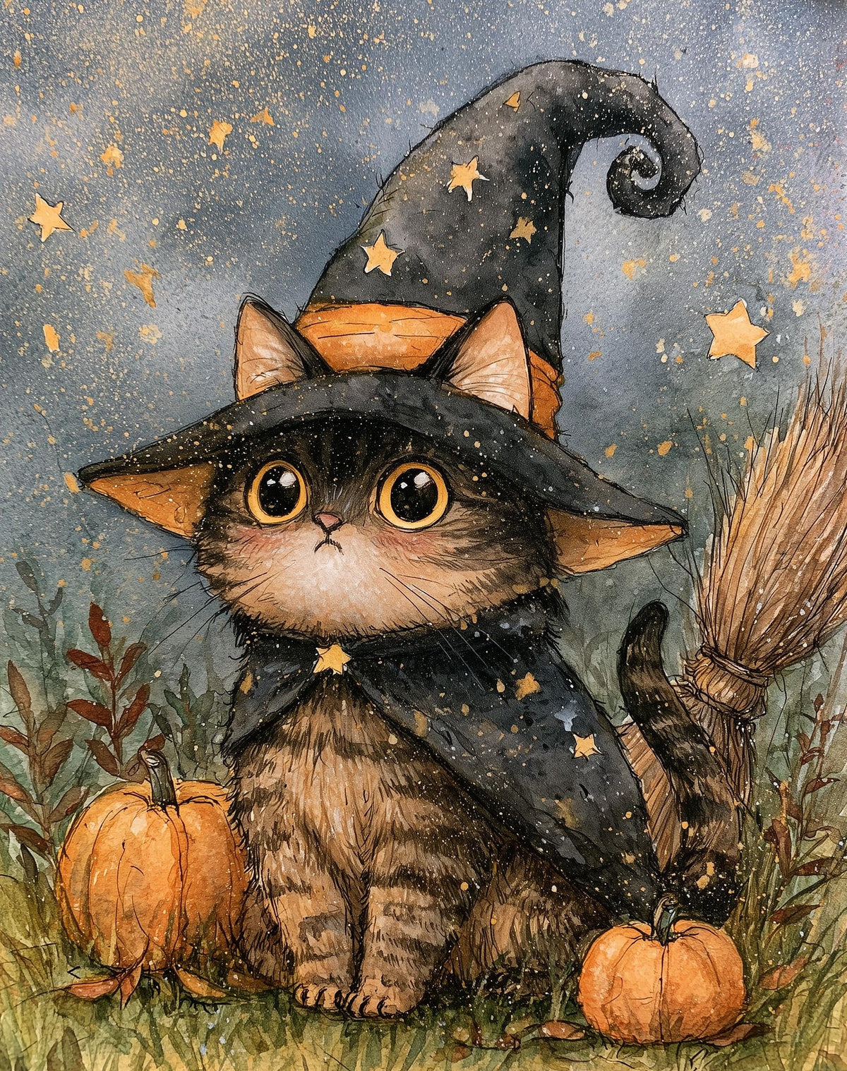 Tabby Kitten Witch Halloween art print unframed, signed by Pattie Overcash