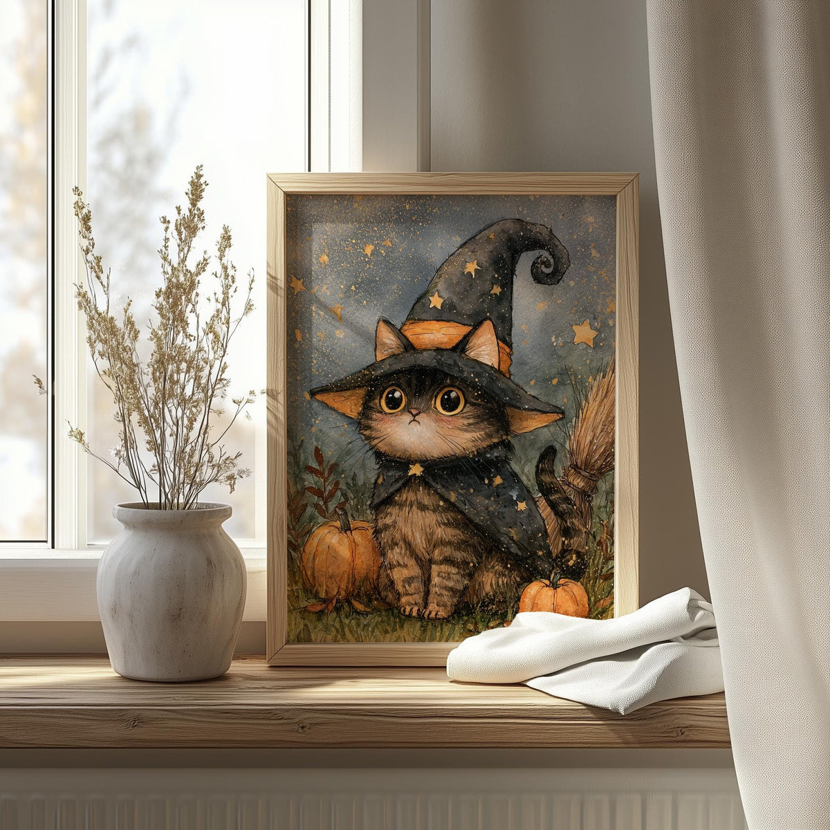 Tabby Kitten Witch Halloween art print shown in a room setting