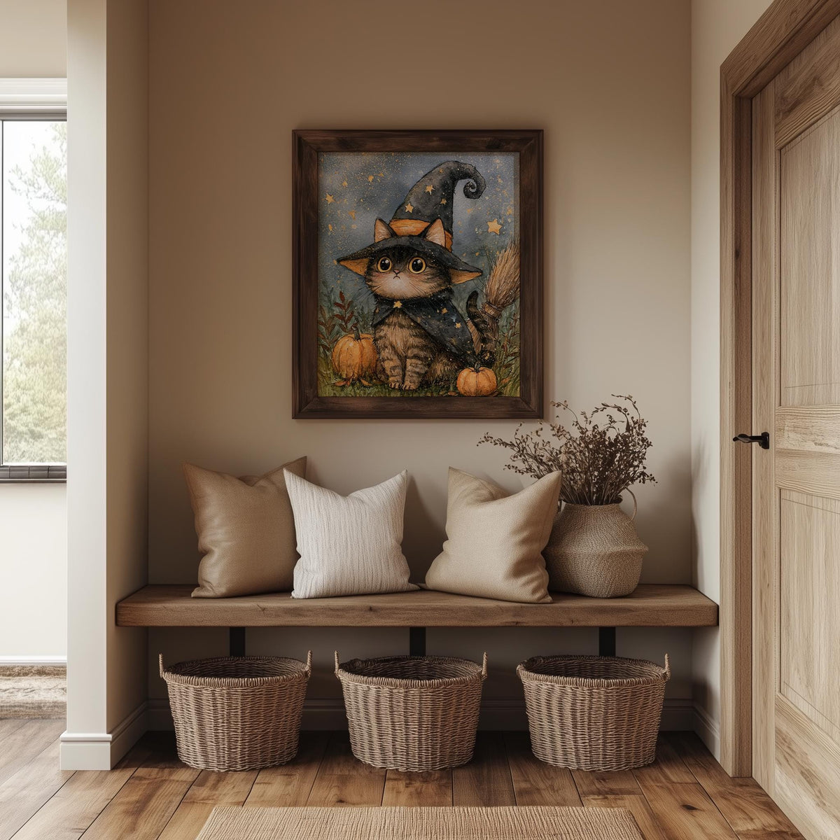 Tabby Kitten Witch Halloween art print shown in a room setting