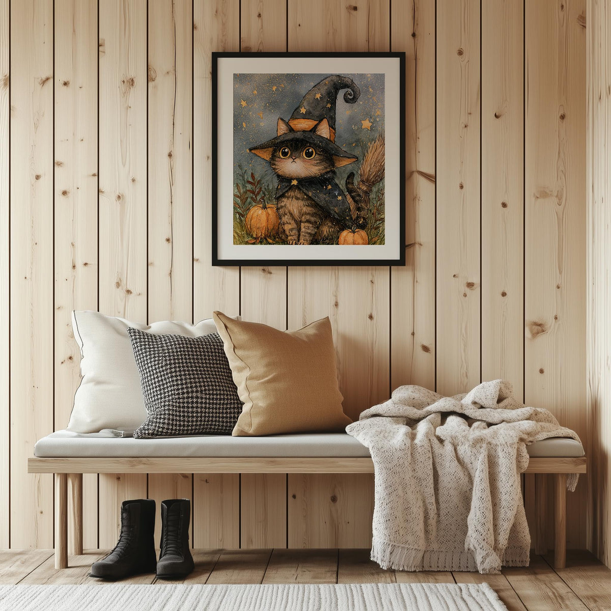 Tabby Kitten Witch Halloween art print shown in a room setting
