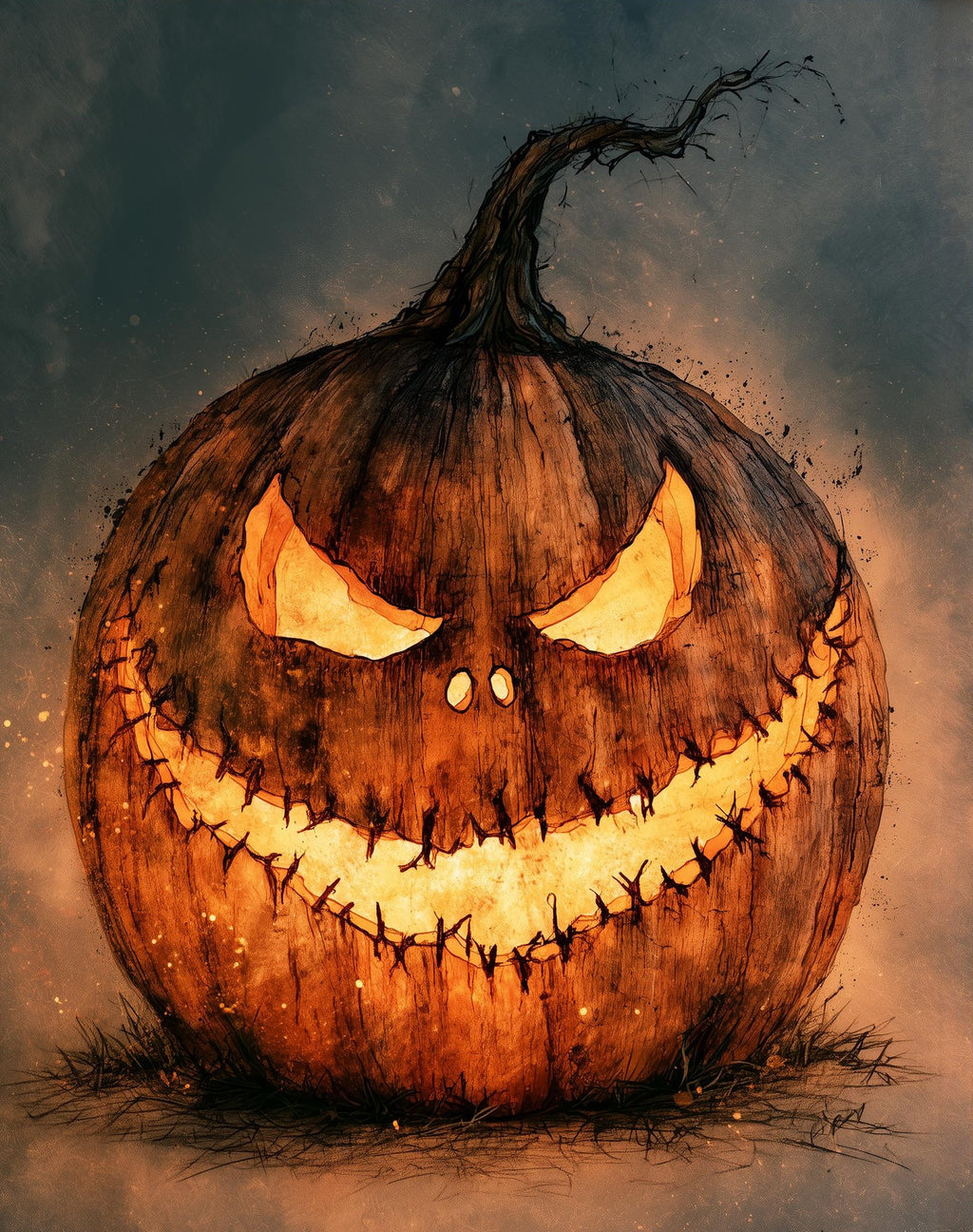 Menacing Jack-o-Lantern Halloween art print unframed, signed by Pattie Overcash