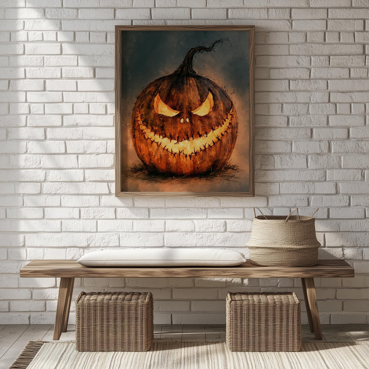 Menacing Jack-o-Lantern Halloween art print shown in a room setting