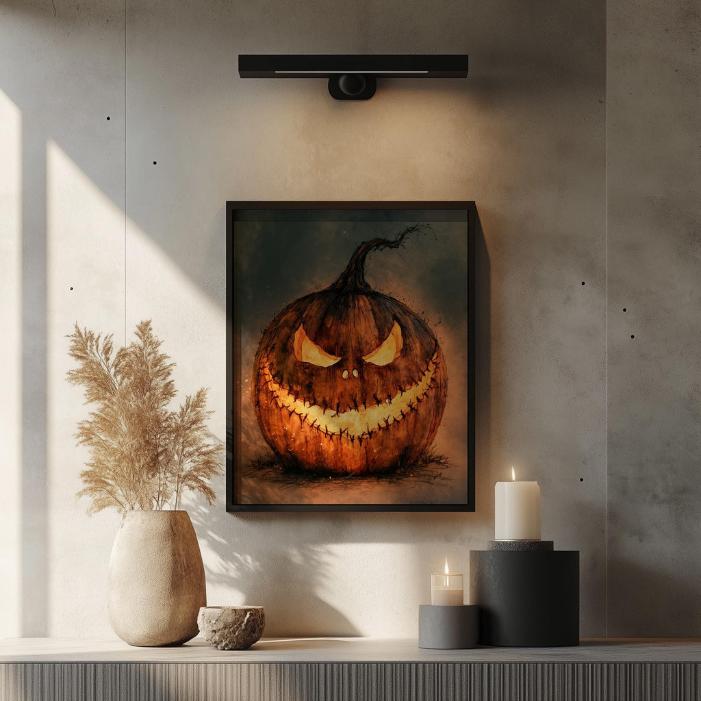 Menacing Jack-o-Lantern Halloween art print shown in a room setting