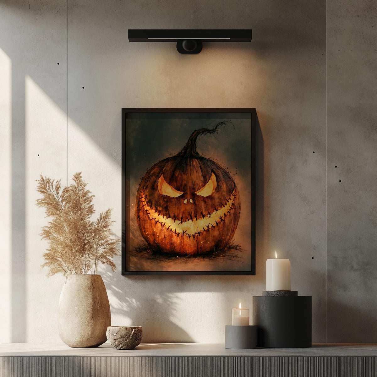 Menacing Jack-o-Lantern Halloween art print shown in a room setting