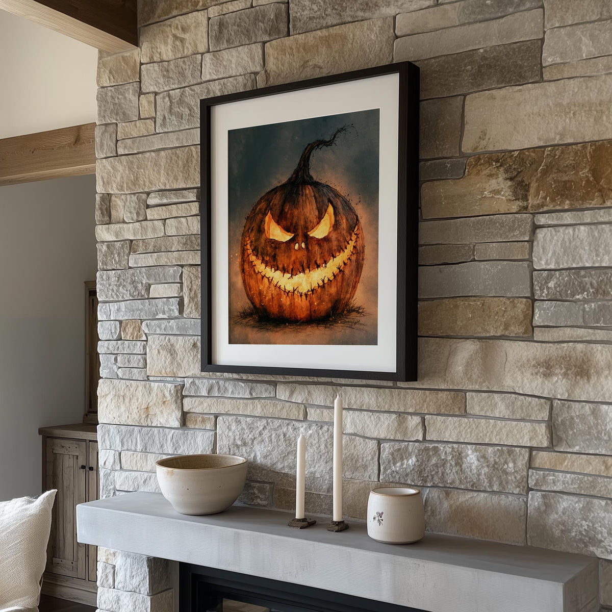 Menacing Jack-o-Lantern Halloween art print shown in a room setting