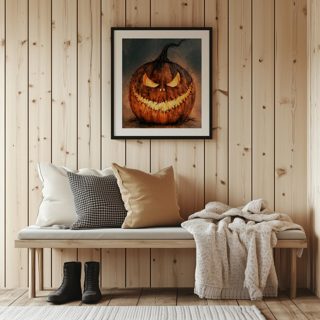 Menacing Jack-o-Lantern Halloween art print shown in a room setting