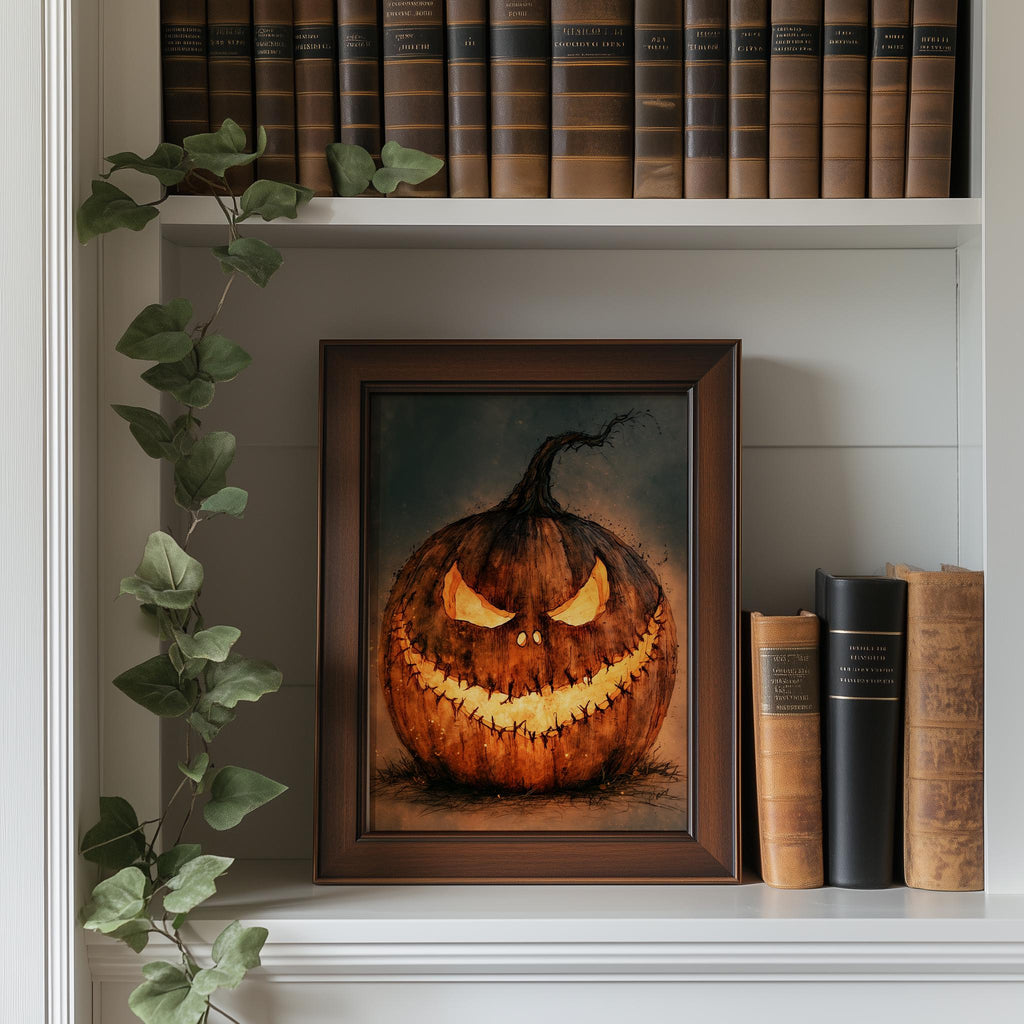 Menacing Jack-o-Lantern Halloween art print shown in a room setting