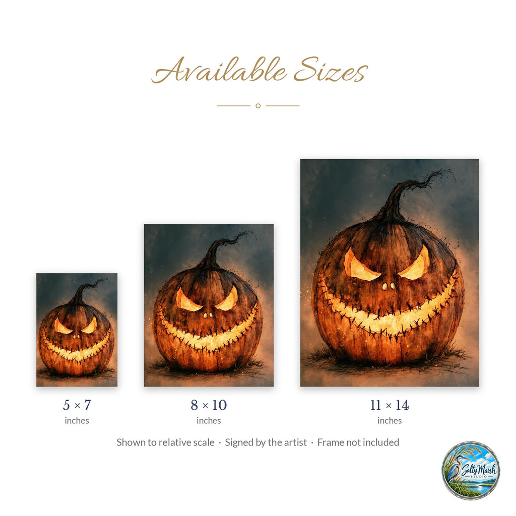 Menacing Jack-o-Lantern art print size guide: 5x7, 8x10 and 11x14