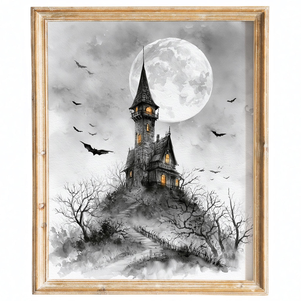 Gray Moon Castle Halloween art print framed