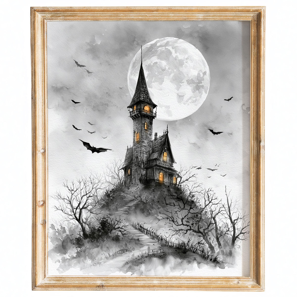 Gray Moon Castle Halloween art print framed
