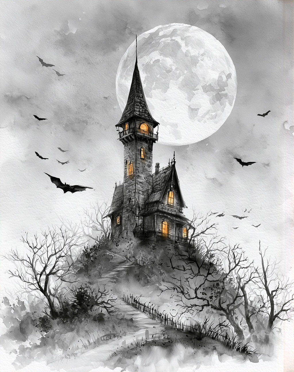 Gray Moon Castle Halloween art print unframed, signed by Pattie Overcash