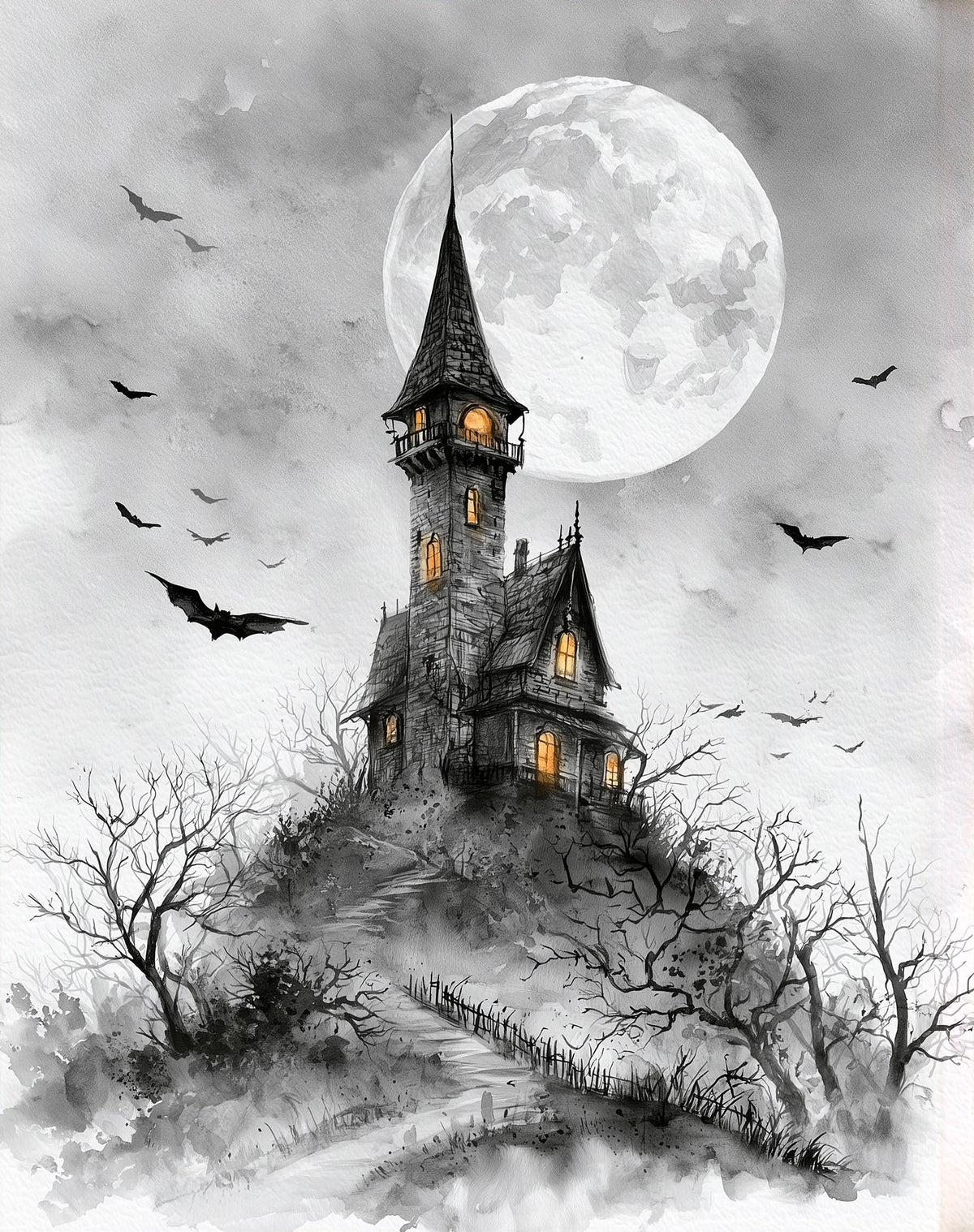 Gray Moon Castle Halloween art print unframed, signed by Pattie Overcash
