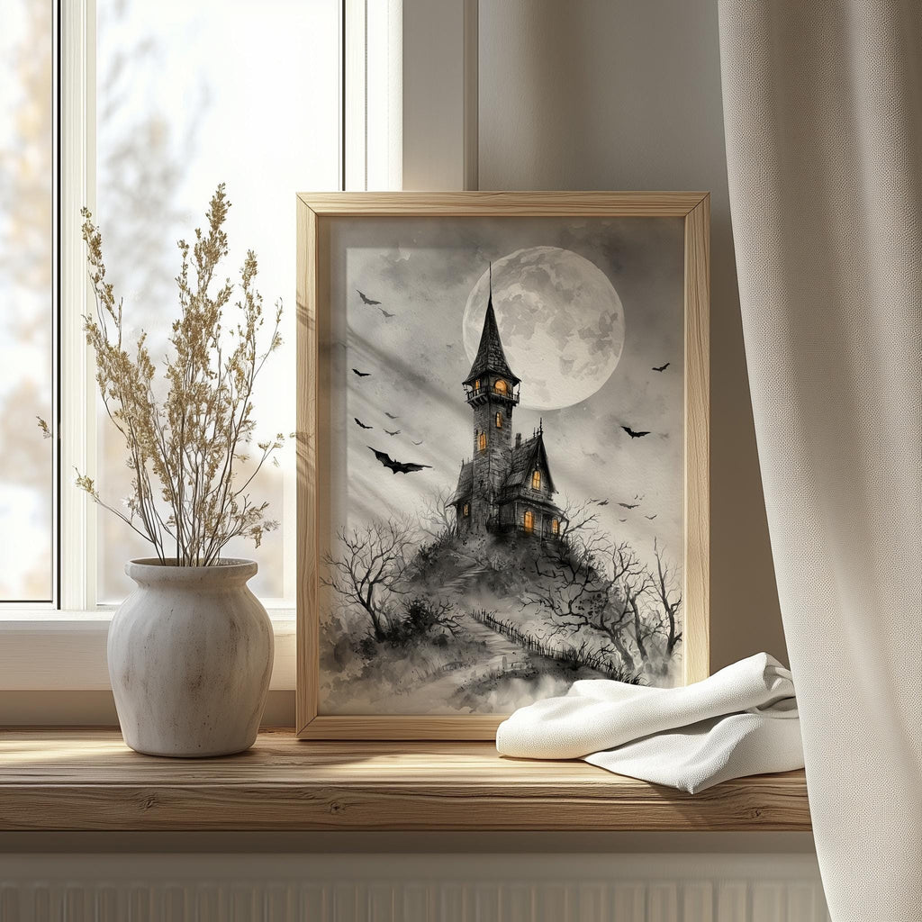 Gray Moon Castle Halloween art print shown in a room setting