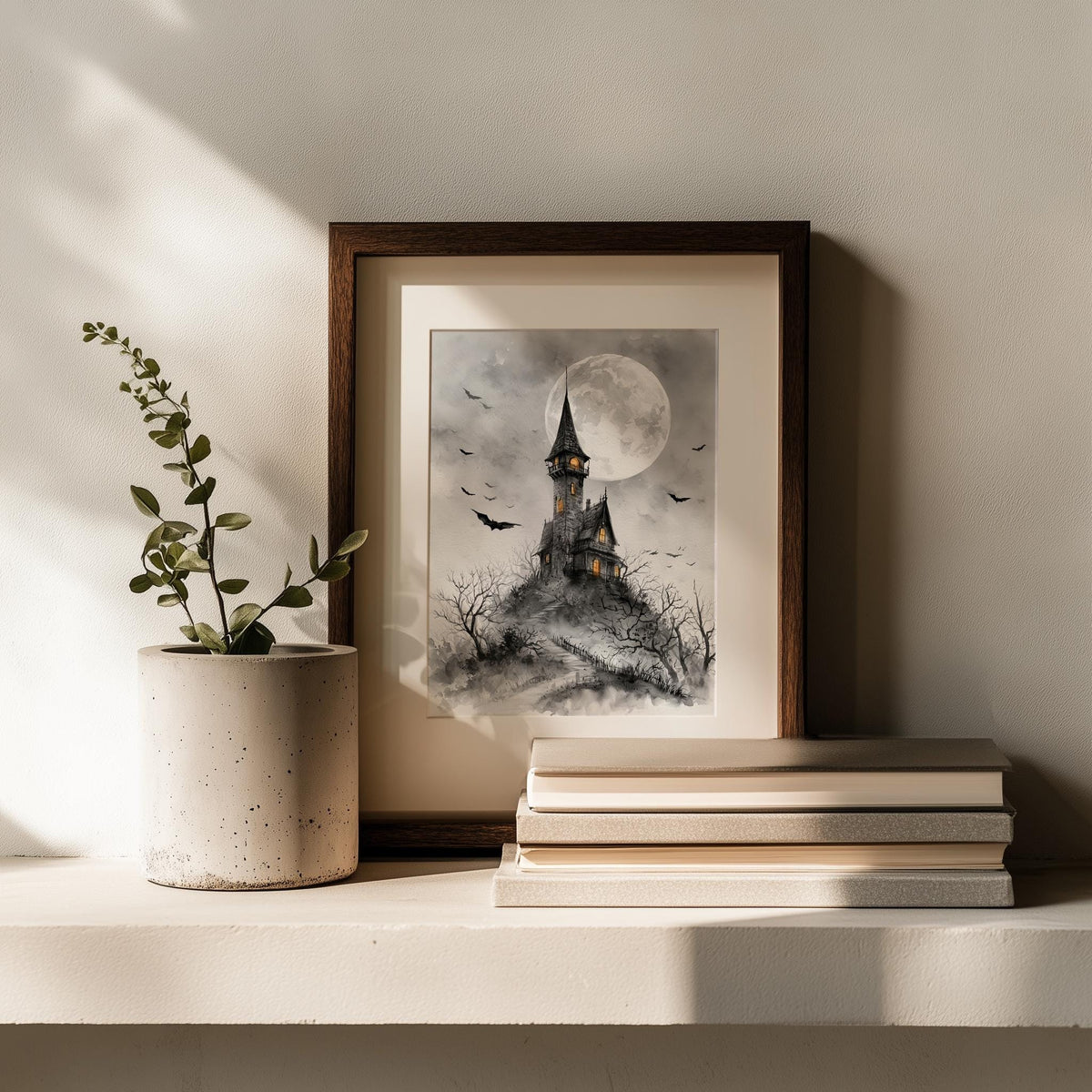Gray Moon Castle Halloween art print shown in a room setting