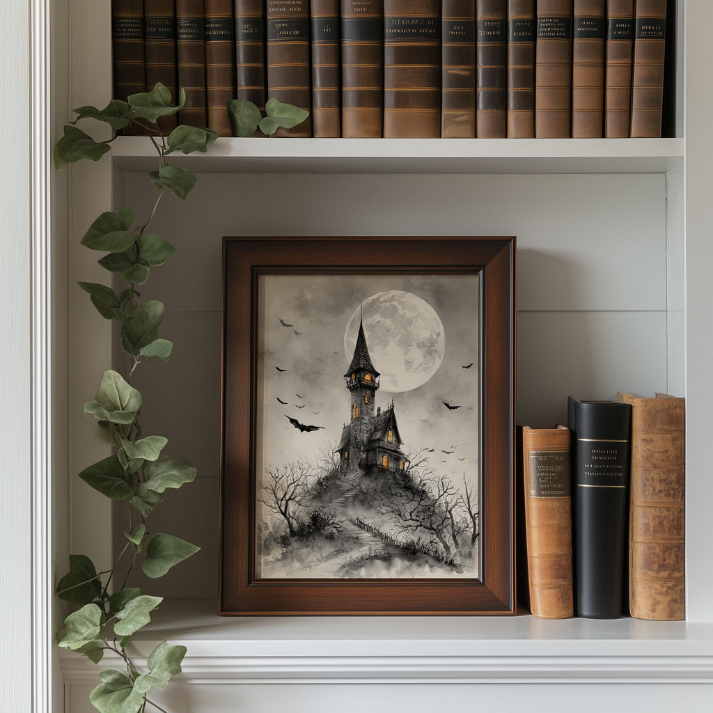 Gray Moon Castle Halloween art print shown in a room setting