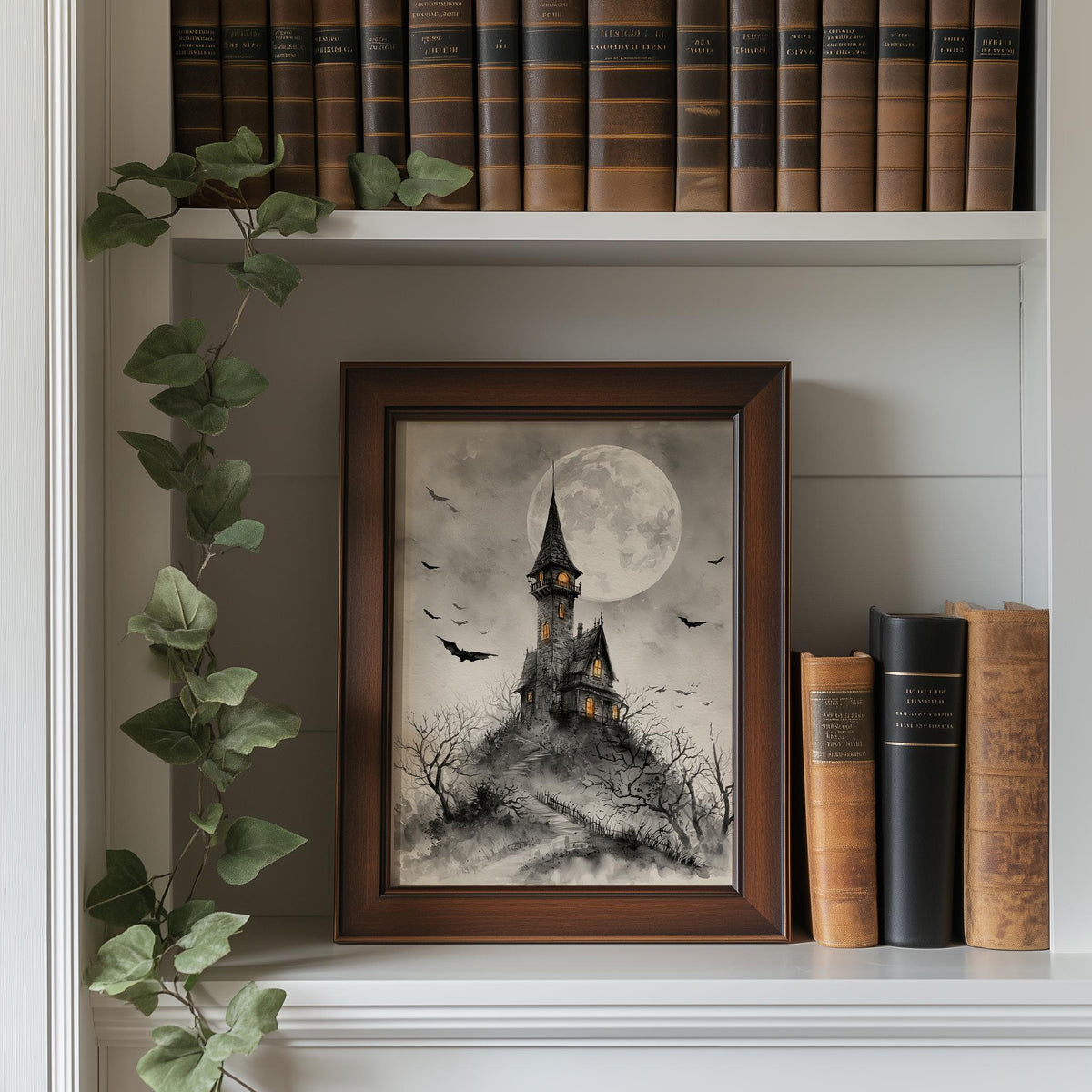 Gray Moon Castle Halloween art print shown in a room setting