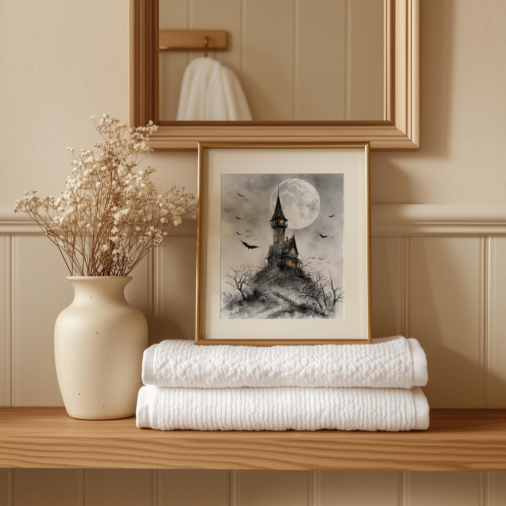 Gray Moon Castle Halloween art print shown in a room setting