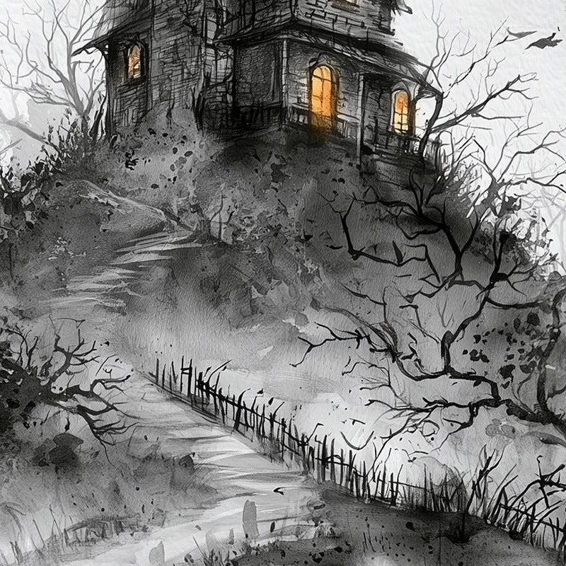 Gray Moon Castle Halloween art print close-up detail