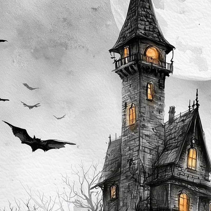 Gray Moon Castle Halloween art print close-up detail