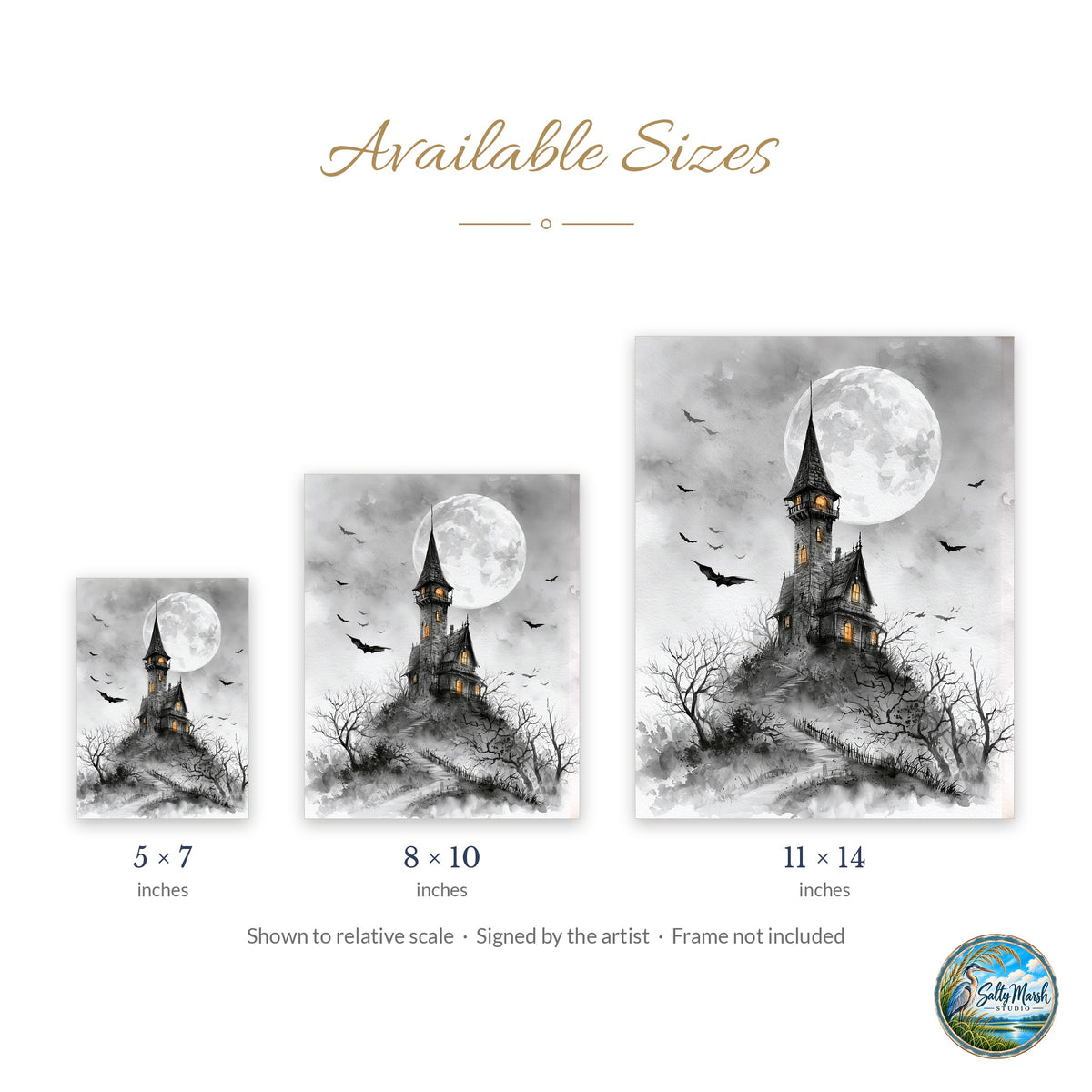 Gray Moon Castle art print size guide: 5x7, 8x10 and 11x14