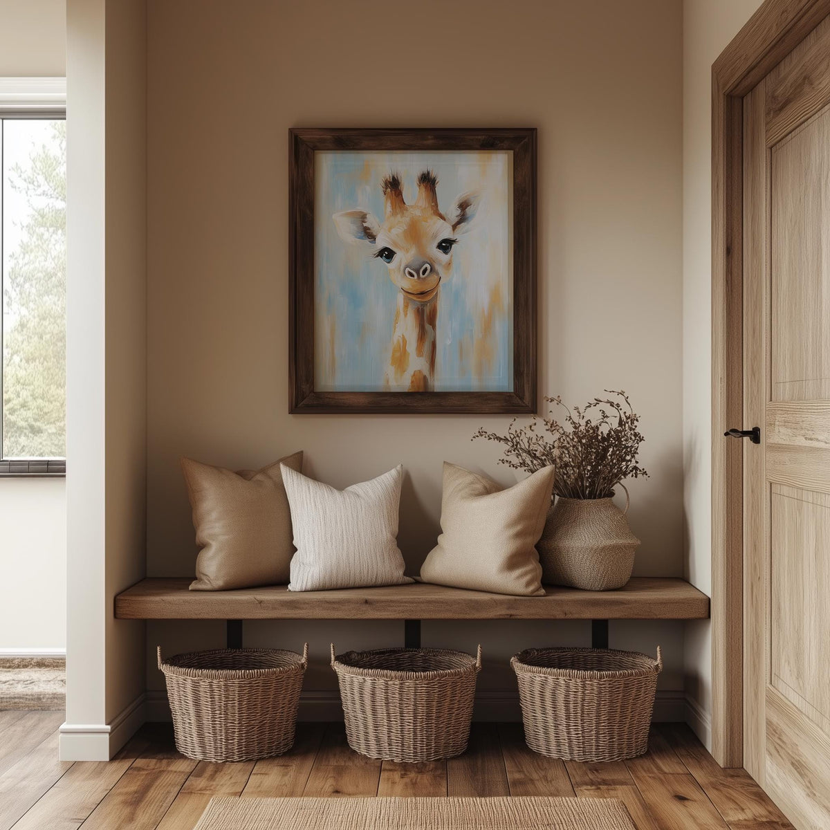 Baby Giraffe animal art print shown in a room setting