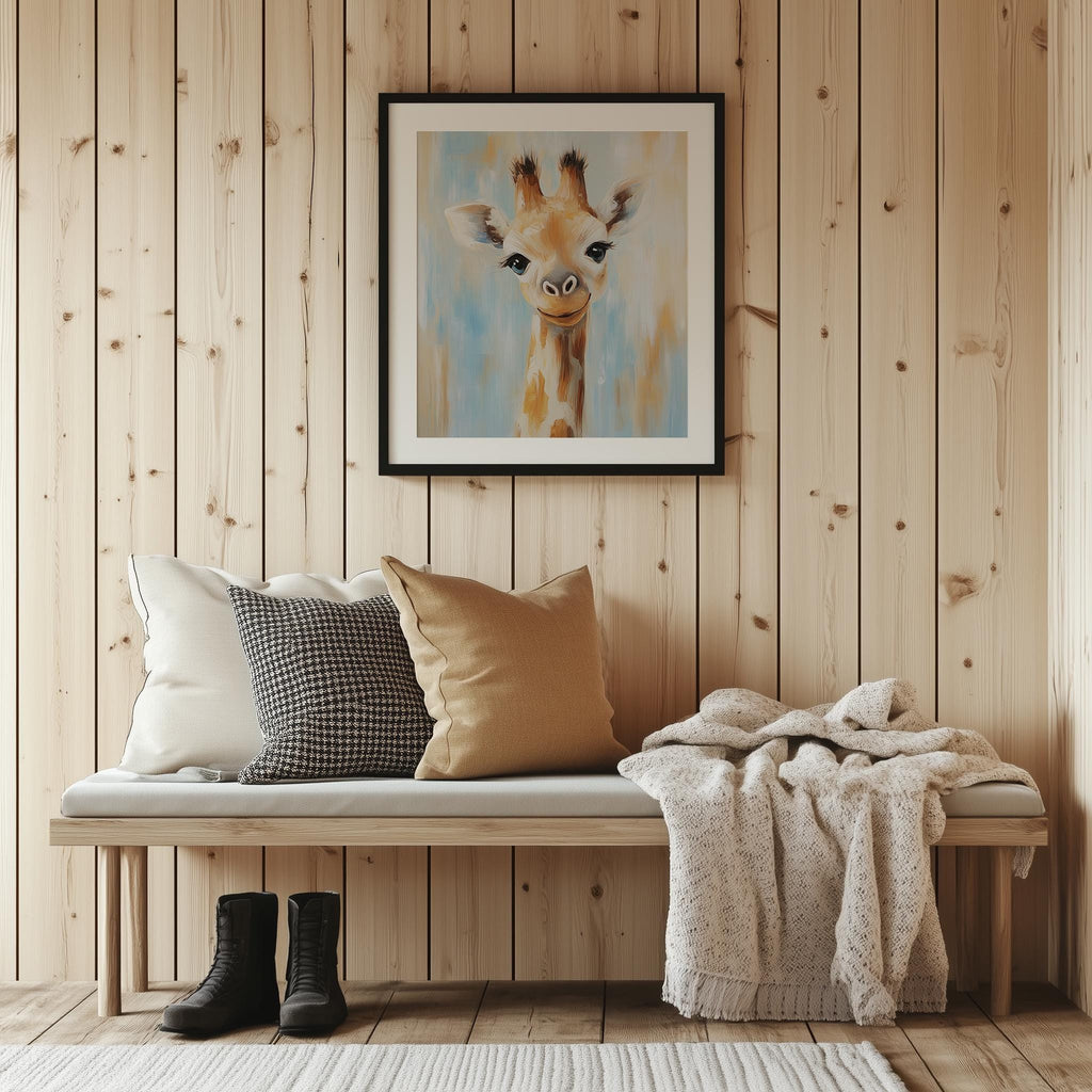 Baby Giraffe animal art print shown in a room setting