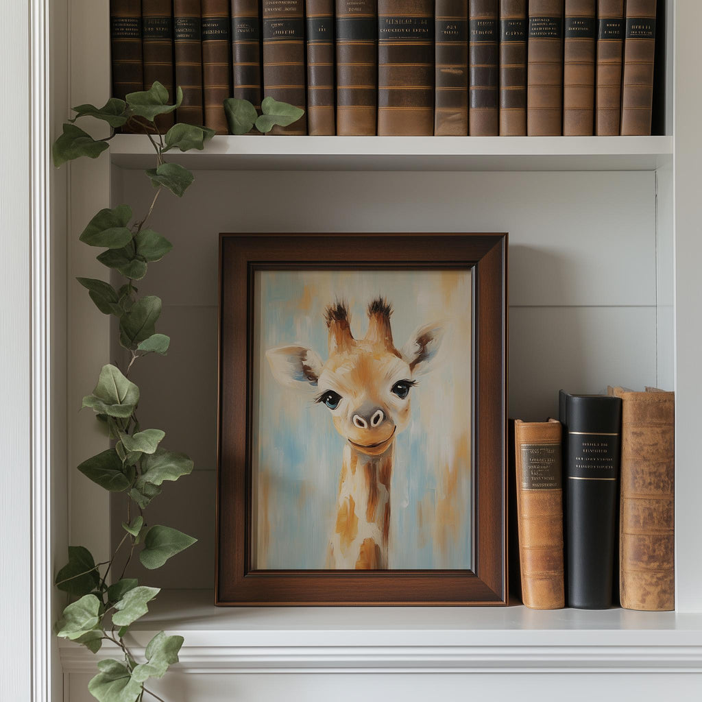 Baby Giraffe animal art print shown in a room setting