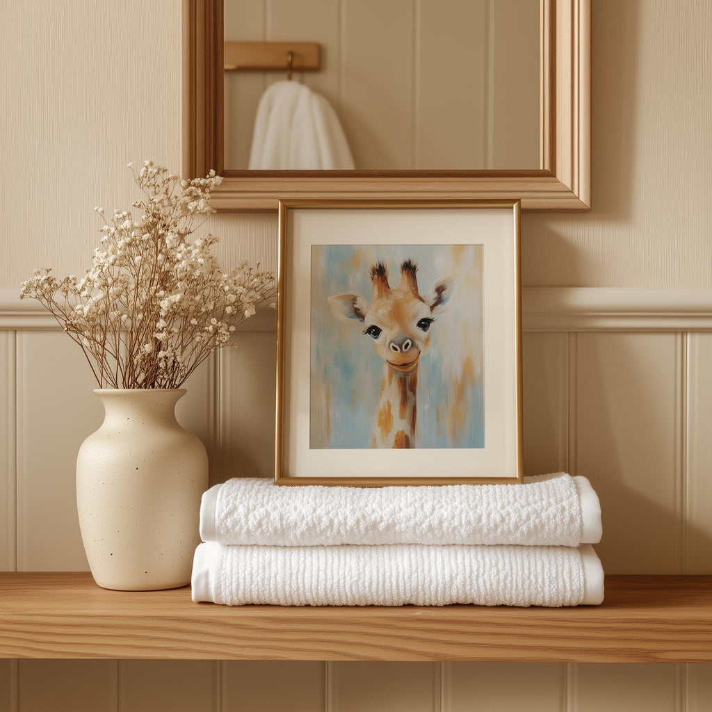 Baby Giraffe animal art print shown in a room setting