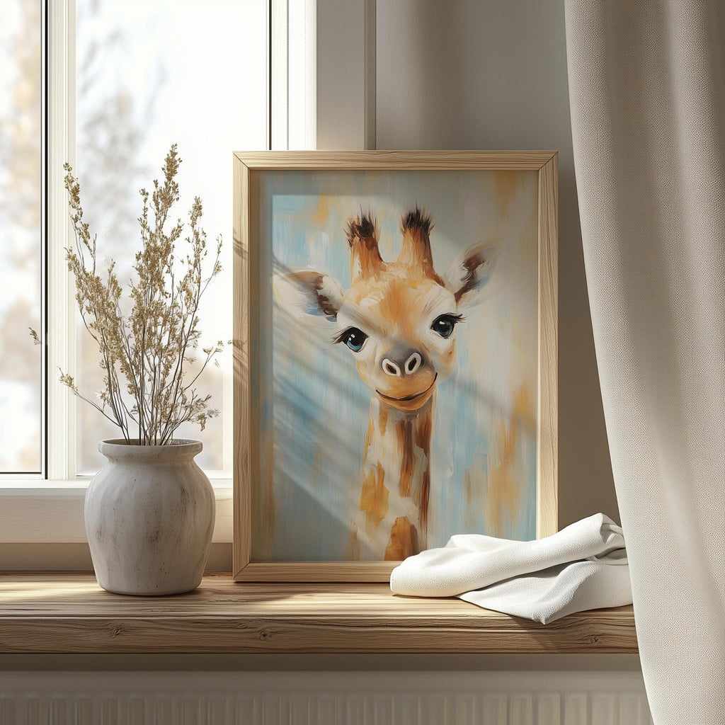 Baby Giraffe animal art print shown in a room setting