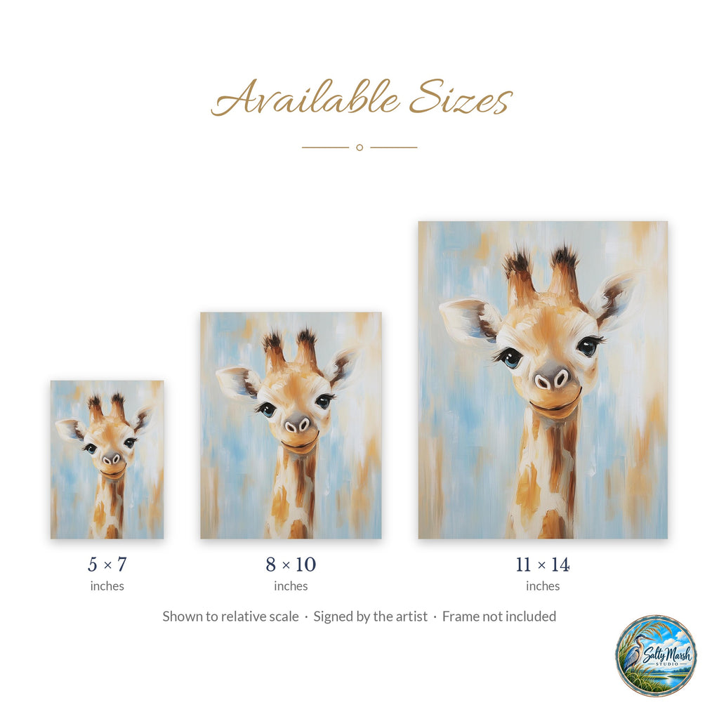 Baby Giraffe art print size guide: 5x7, 8x10 and 11x14