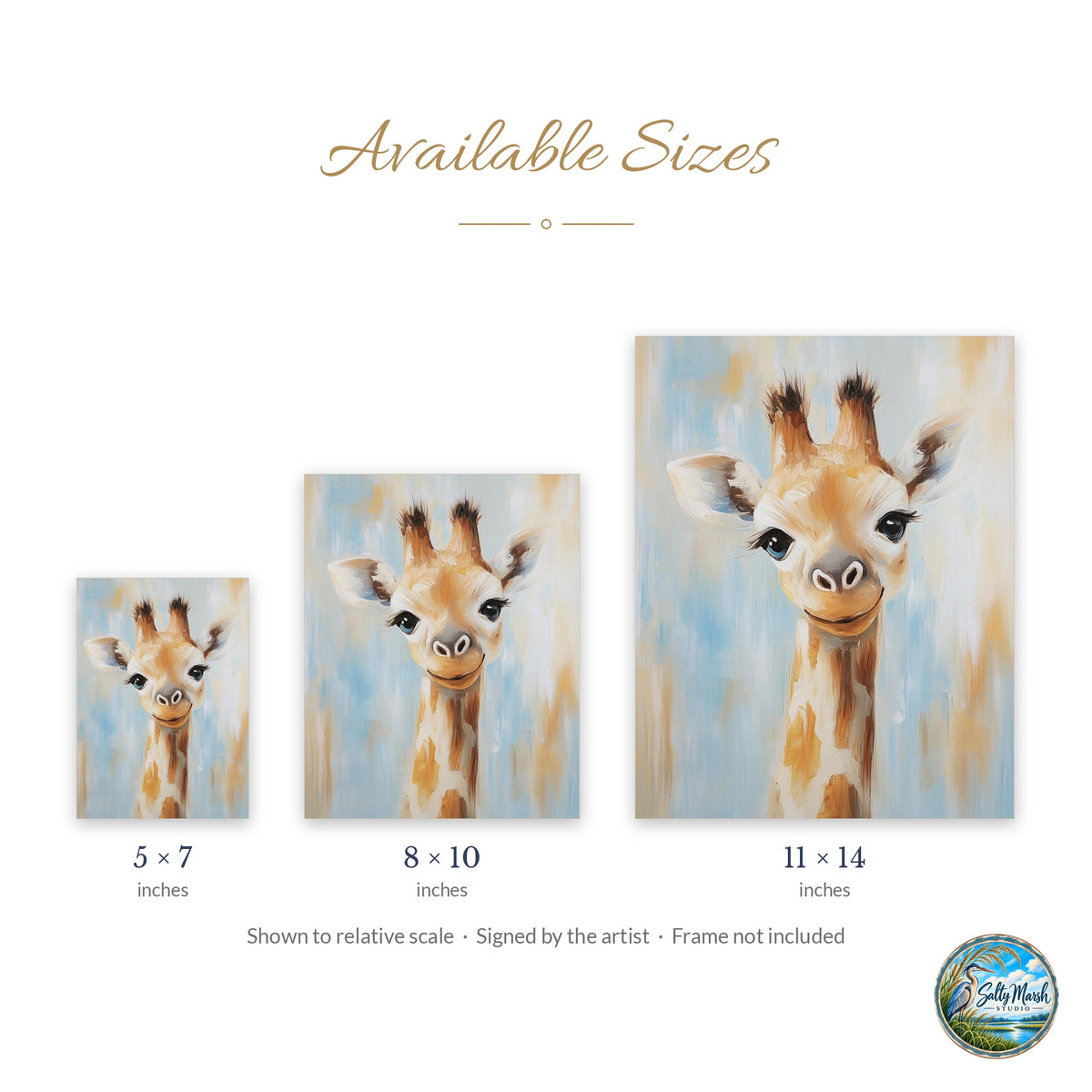 Baby Giraffe art print size guide: 5x7, 8x10 and 11x14
