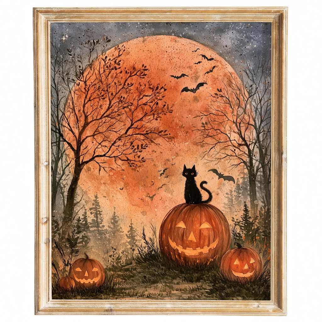 Harvest Moon Cat Halloween art print framed