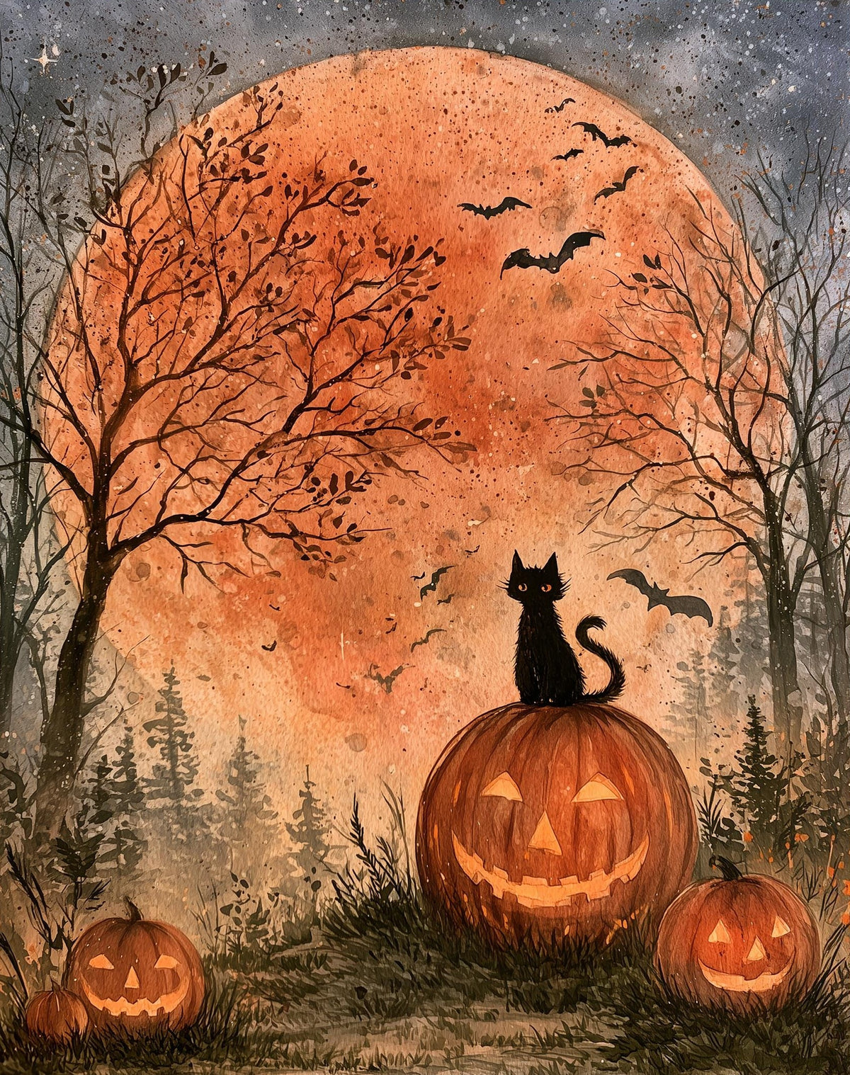 Harvest Moon Cat Halloween art print unframed, signed by Pattie Overcash