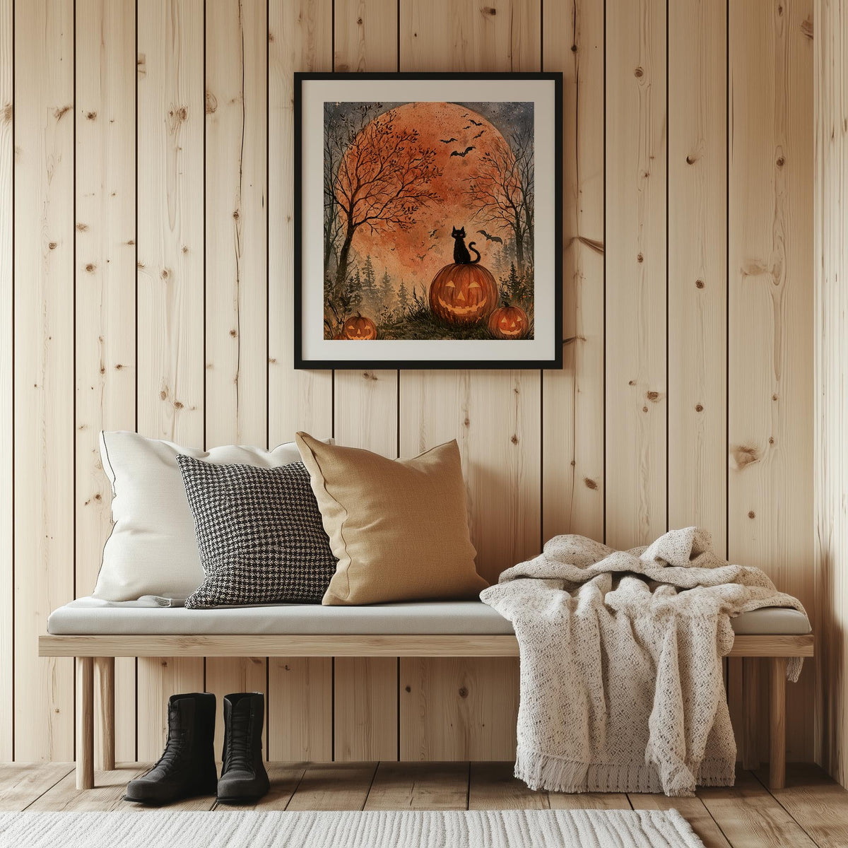 Harvest Moon Cat Halloween art print shown in a room setting