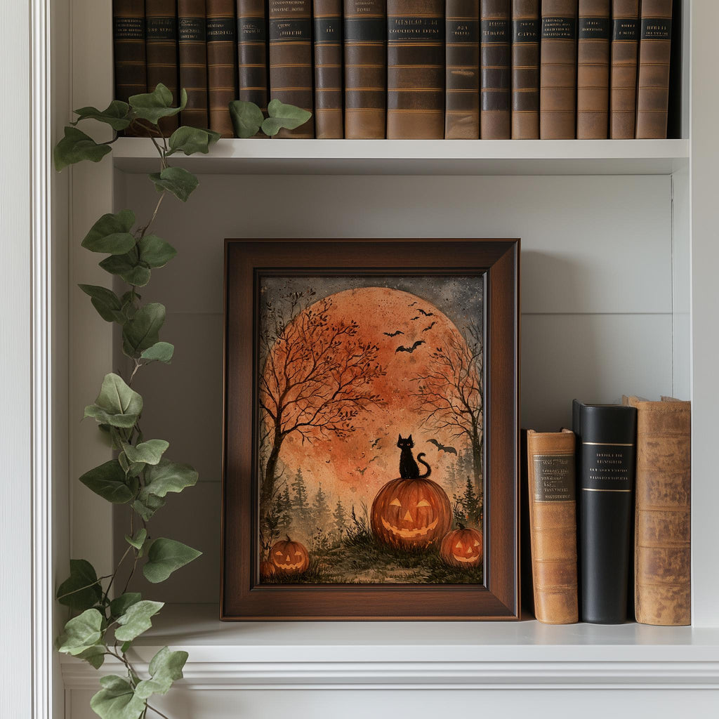 Harvest Moon Cat Halloween art print shown in a room setting