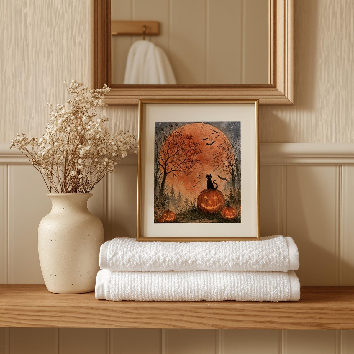 Harvest Moon Cat Halloween art print shown in a room setting