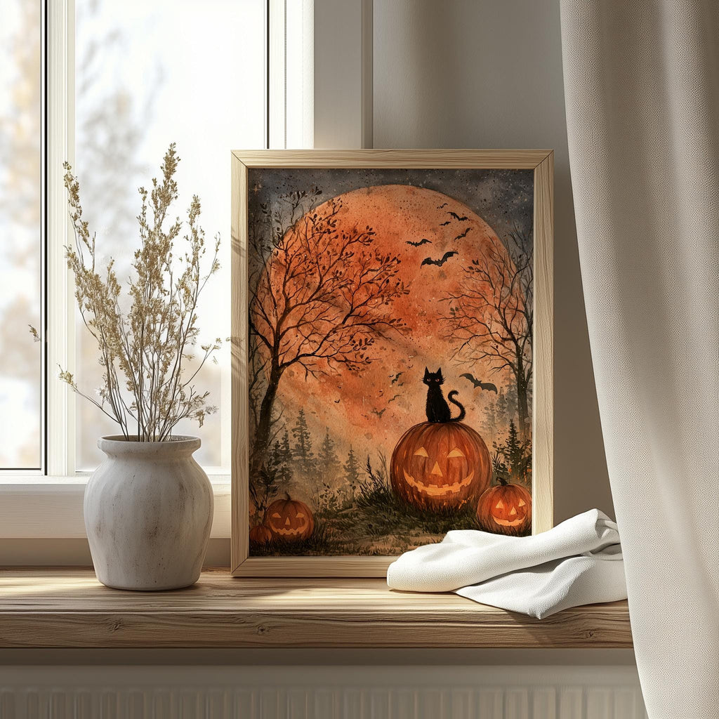 Harvest Moon Cat Halloween art print shown in a room setting