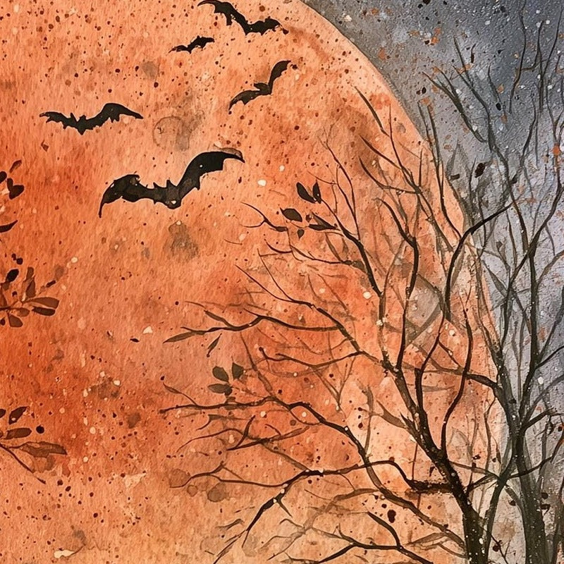 Harvest Moon Cat Halloween art print close-up detail