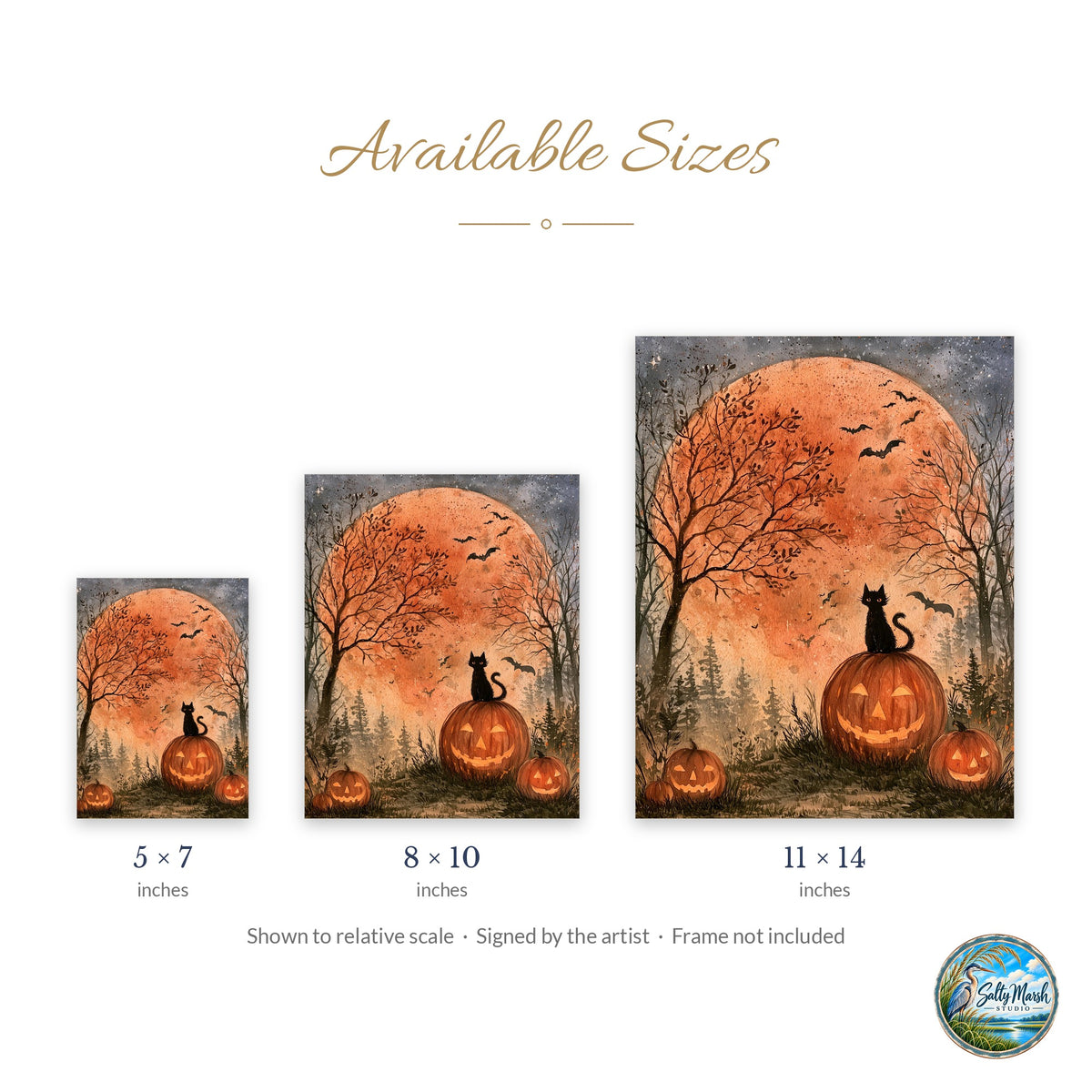 Harvest Moon Cat art print size guide: 5x7, 8x10 and 11x14