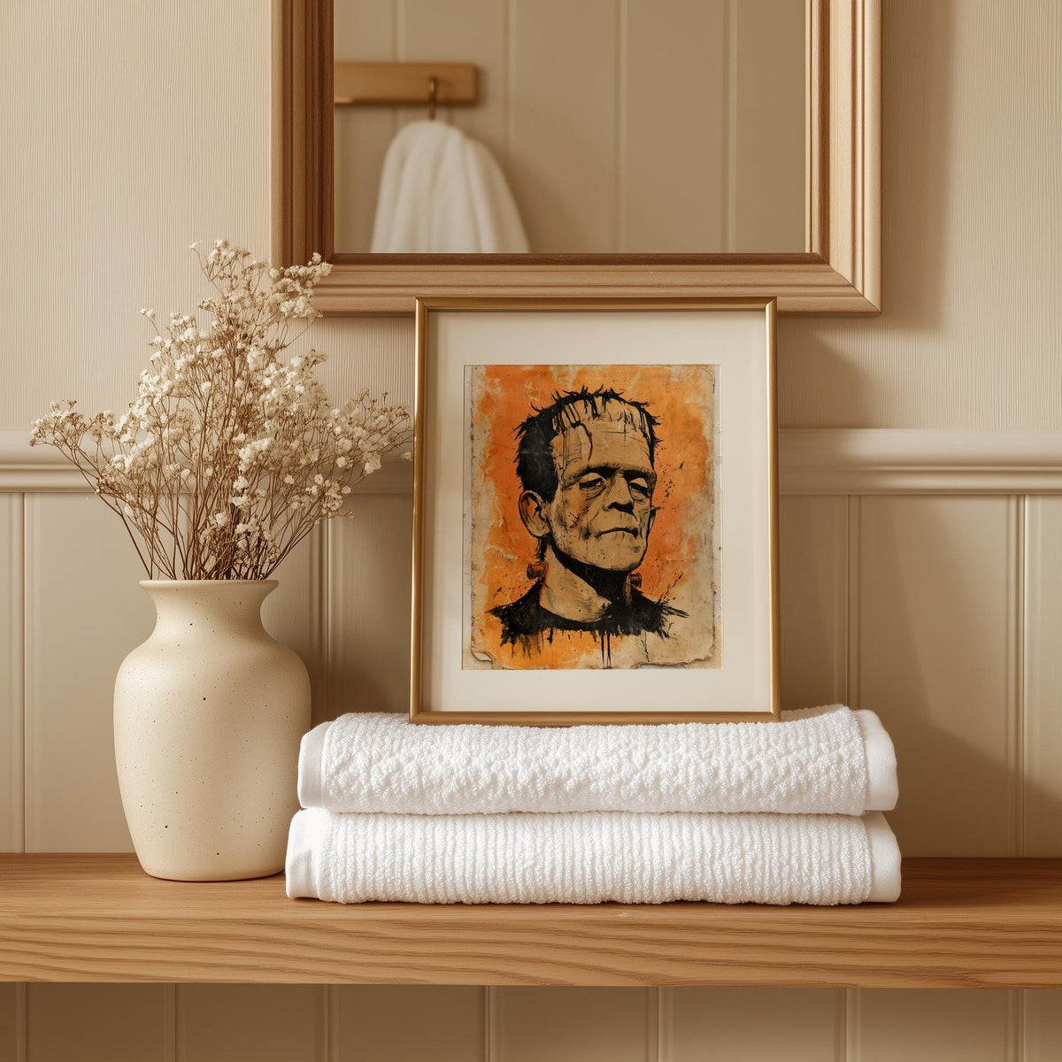 Classic Monster Halloween art print shown in a room setting