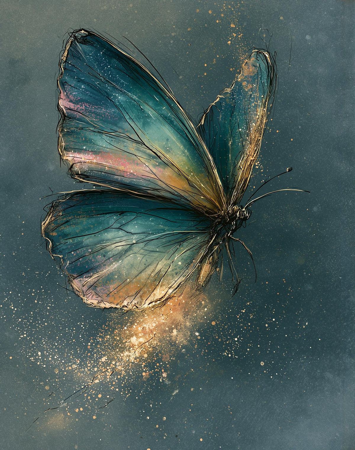 Teal Butterfly animal art print unframed, signed by Pattie Overcash