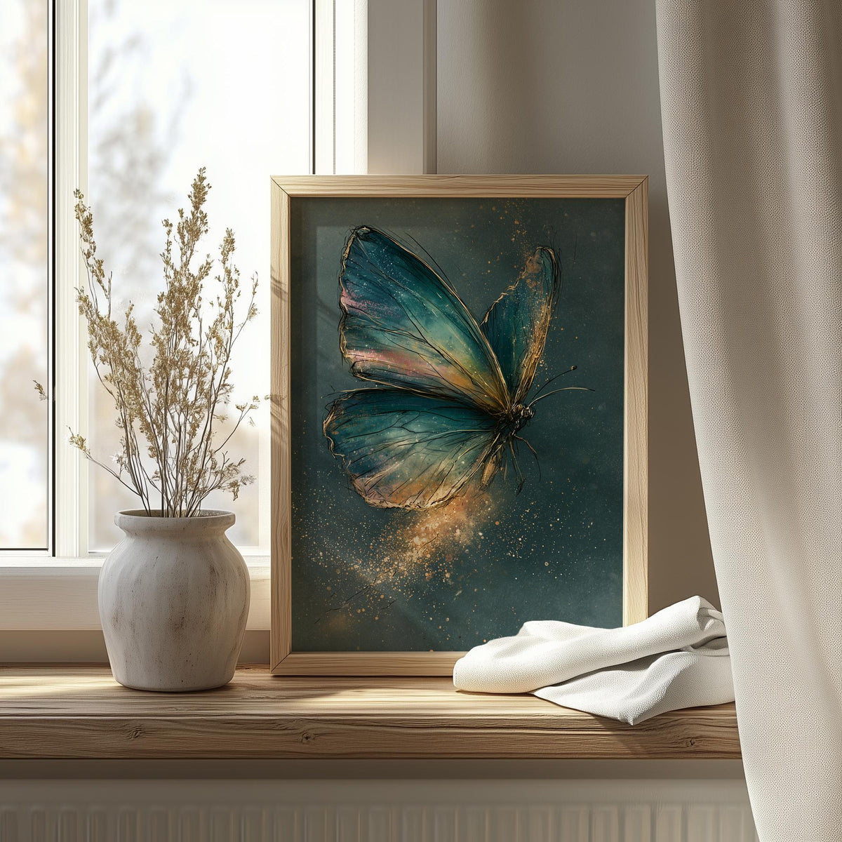 Teal Butterfly animal art print shown in a room setting