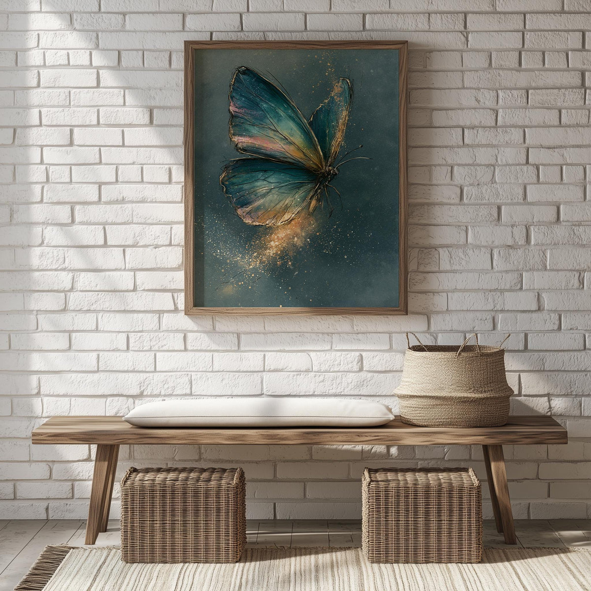 Teal Butterfly animal art print shown in a room setting