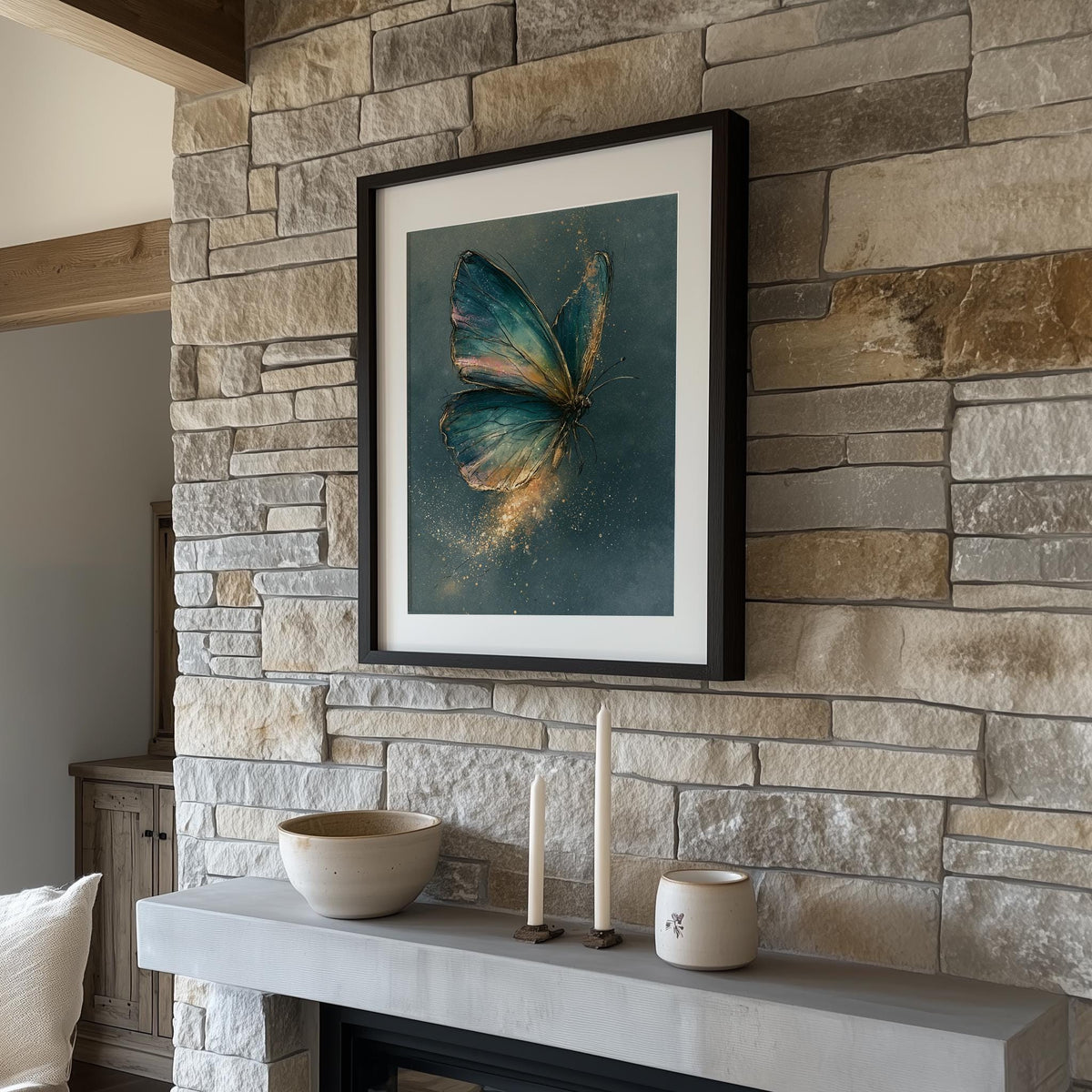 Teal Butterfly animal art print shown in a room setting