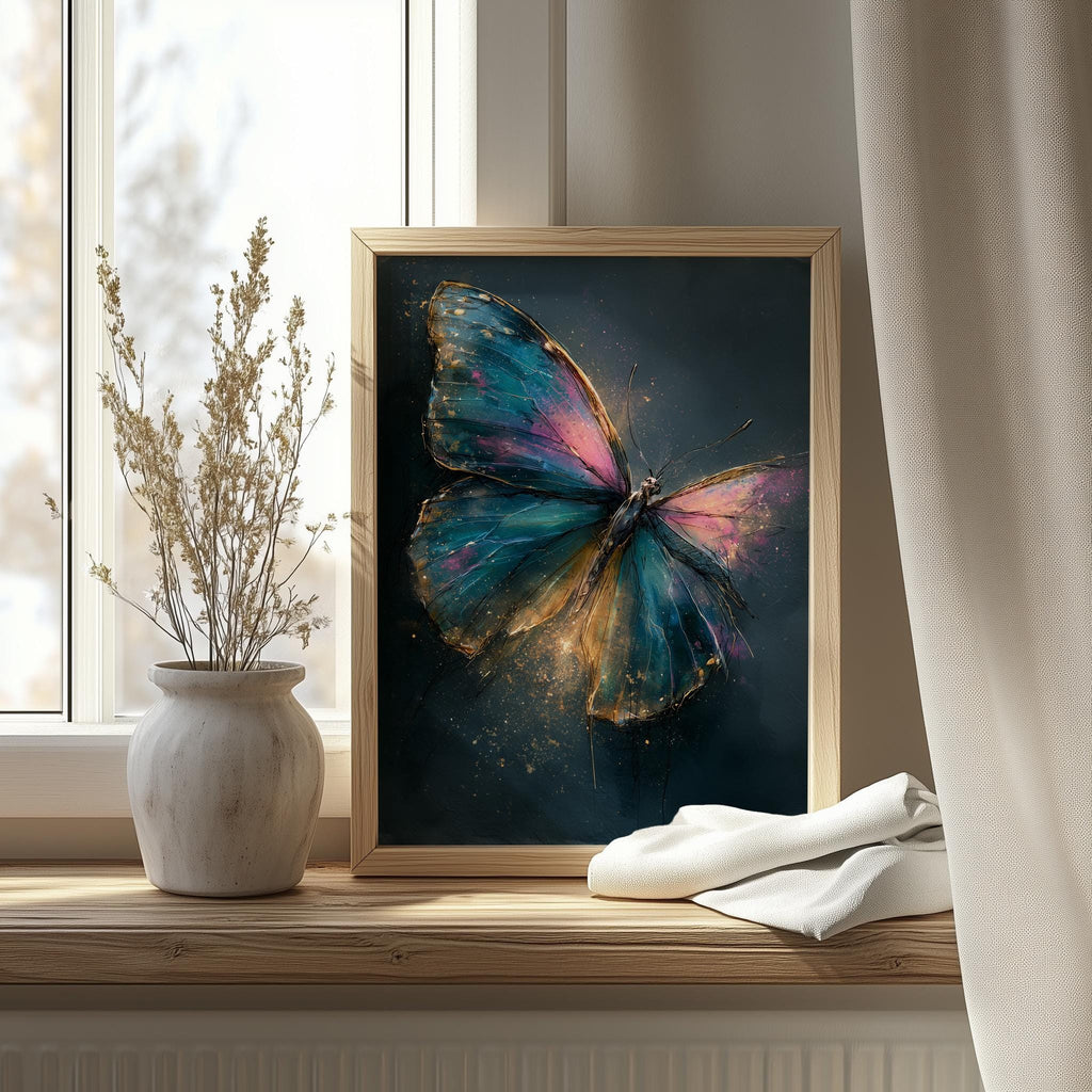 Golden Butterfly animal art print shown in a room setting