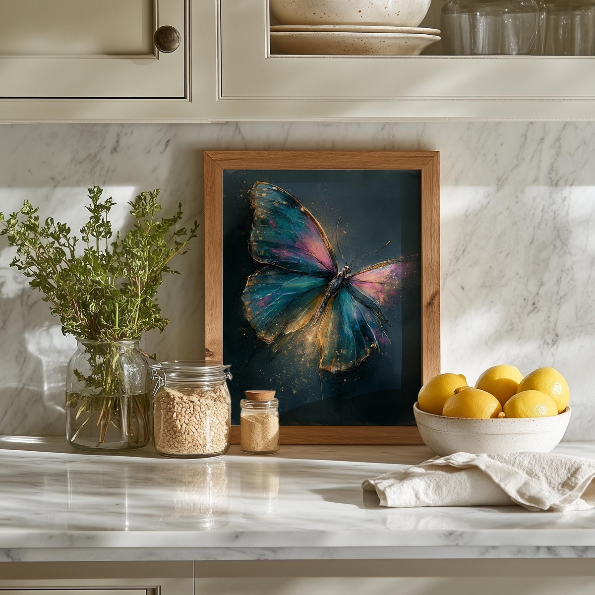 Golden Butterfly animal art print shown in a room setting